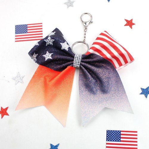 Girls Pink Ribbon Hair Ties Independence Day Rhinestone Cheer Keychain