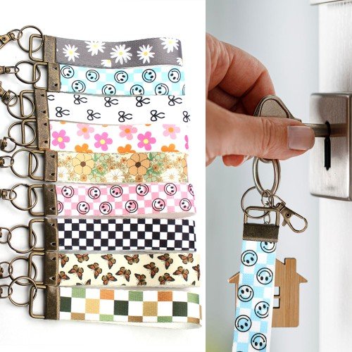 Cute Keychain Canvas Wrist Keychain Lanyard Key Fob Wristlet