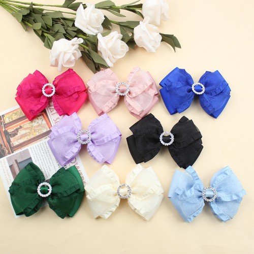 Girls Organza Hair Bow Clips with Rhinestone Solid Color Ruffled Mesh Hair Clips Kids Hair Bow Accessories