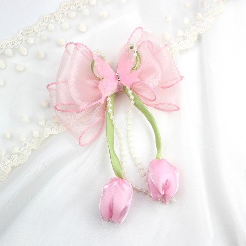 Girls Tulip Flower Mesh Long Sailor Hair Bows with Pearl Spring Organza Bows for Girls Kids Hair Accessories