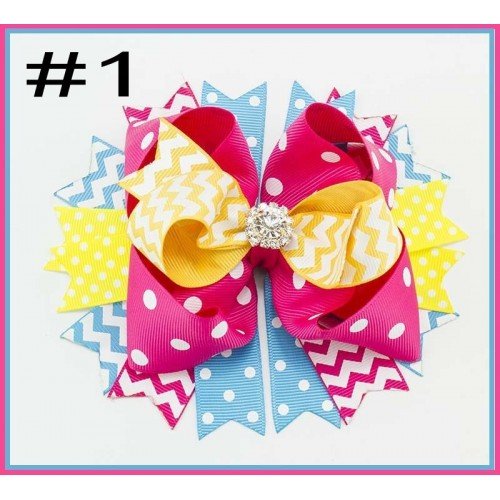 Colorful Multi-Layer Boutique Bow with Polka Dots and Chevron Patterns