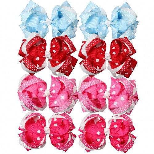 4.5" Polka Dot Loopy Stacked Hair Bow Clips Boutique Hairbows for Kids Girls Toddlers