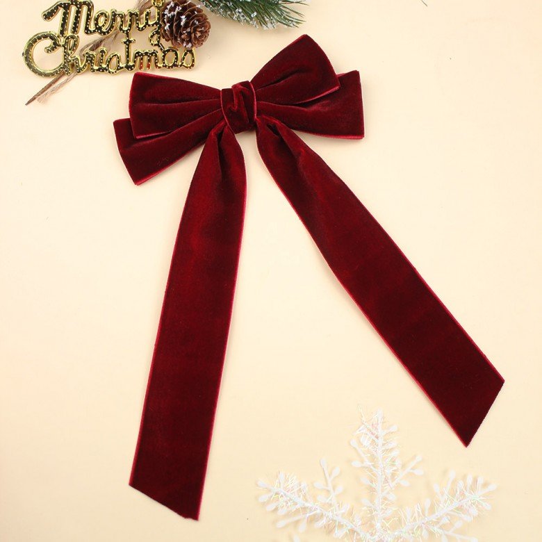 8inch Girls Winter Velvet Hair Bow Happy New Year Velvet Long Tail Sailor Bows Velvet Hair Clips Kids Hair Bow Accessories