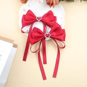 2pcs/pair Valentine's Day Heart Tassel Hair Bows Clips with Rhinestone Satin Solid Color Hair Clip Girls Hair Bow Accessories
