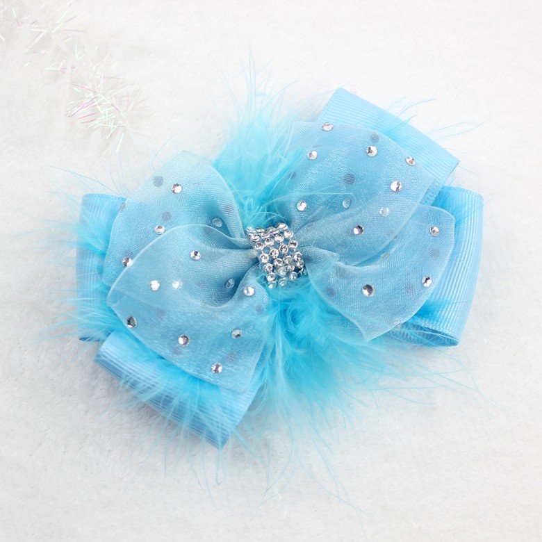 Glitzy Pageant Marabou Feather Tutu Hair Bow Clip with Rhinestone Princess Birthday Feather Bow Barrette for Toddler Kids