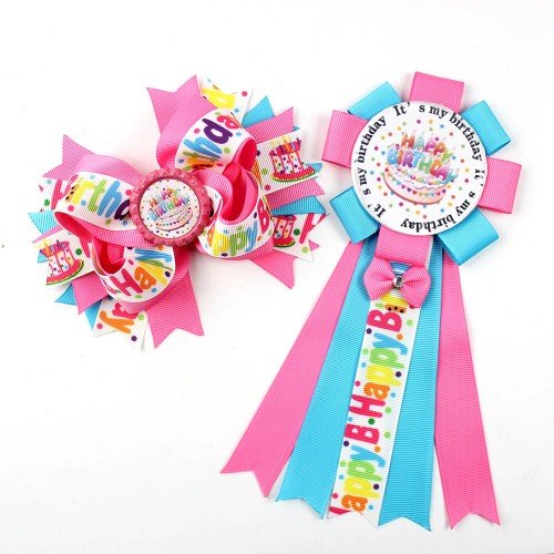 Birthday Girl Bow Hair Clip and Badge Set