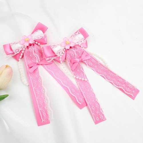 Lolita Cherry Blossom Hair Bow Clips Japanese Lolita Kawaii Lace Long Tail Hair Bow with Cherry Blossom for Cosplay