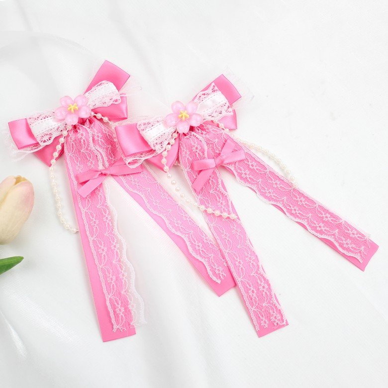 Lolita Cherry Blossom Hair Bow Clips Japanese Lolita Kawaii Lace Long Tail Hair Bow with Cherry Blossom for Cosplay Lolita Cherry Blossom Hair Bow Clips Japanese Lolita Kawaii Lace Long Tail Hair Bow with Cherry Blossom for Cosplay