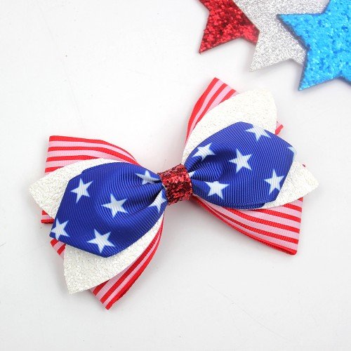 4th of July Patriotic Ribbon Glitter Hair Bow Clips Independence Day Hair Clip for Girls Kids Hair Accessories