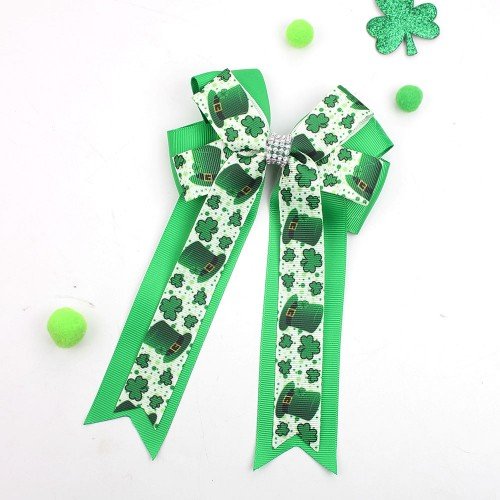 St Patrick's Day Lucky Clover Hair Bows Girls Shamrock Long Streamer Hair Bow Clip Kids Tassel Hair Accessories