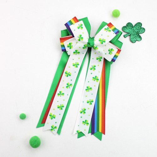 Best Quality St Patrick's Day Shamrock Horse Show Lucky Clover Hair Clips for Girls Kids Long Streamer Hair Accessories
