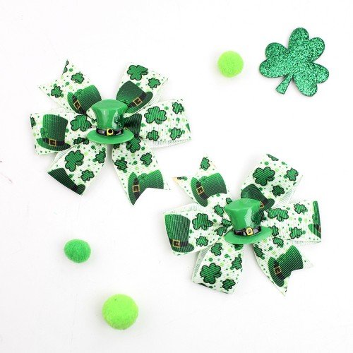 2pcs/set St Patrick's Day Pinwheel Lucky Four-leaf Clover Hair Bow Clip Girls Grosgrain Hair Bows Kids Festival Hair Accessories