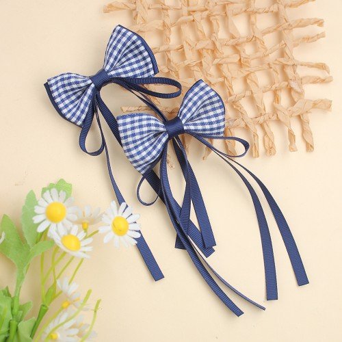 2pcs/pair Back to School Gingham Hair Bow Clips for Kids Plaid Long Tail Sailor Hair Bow Clip Girls Check Long Streamer Bows