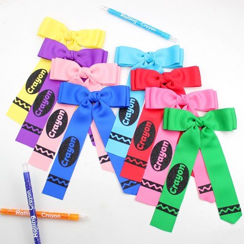 Back to School Crayon Long Streamer Bow Hair Clips for Girls School Pencil Cheer Hair Clips Kids Hair Accessories