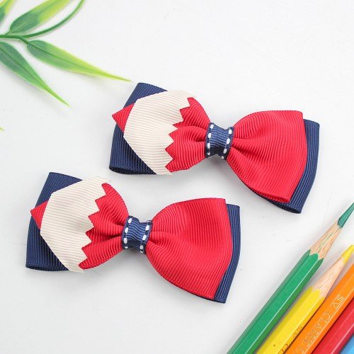  Back to School Cute Pencil Grosgrain Ribbon Hair Bow Clips 