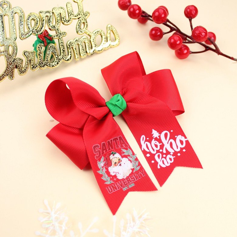 4.7inch Christmas Santa Hot Stamping Cheer Hair Bows 4.7inch Christmas Santa Hot Stamping Cheer Hair Bows