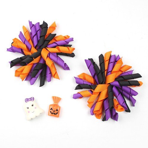 Trick or Treat Hair Clips ，Spooky Curly Ribbon Bow for Halloween