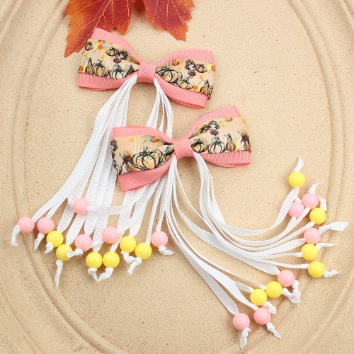 2pcs Fall Halloween Ribbon Hair Bows with Beads 