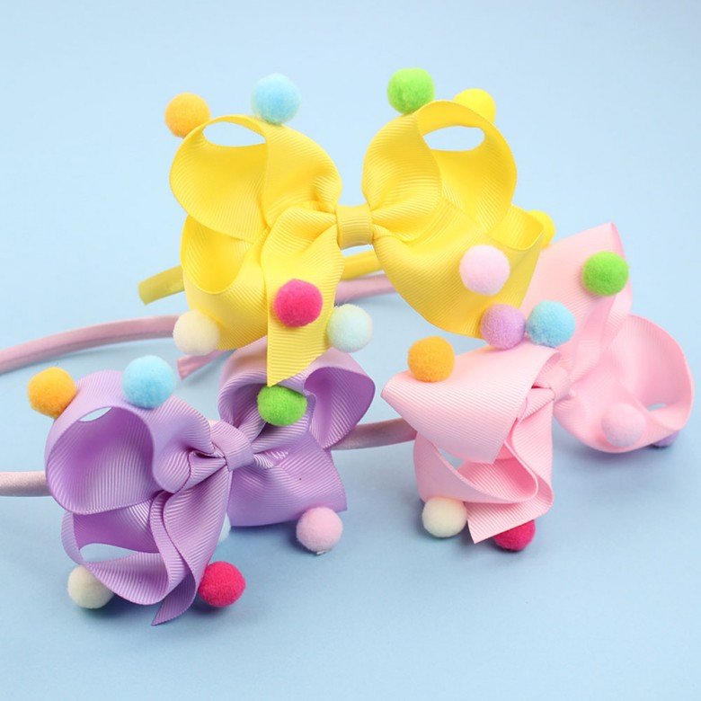 Sweet Kids Pom-Pom Headband , Cute Colorful Fur Ball & Grosgrain Ribbon Bow Hair Accessories for Girls Sweet Kids Pom-Pom Headband , Cute Colorful Fur Ball & Grosgrain Ribbon Bow Hair Accessories for Girls