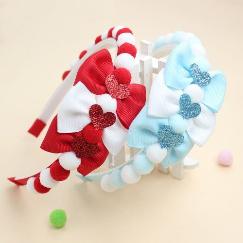 valentine's day girls solid color Pom Pom Headband kids glitter heart cute Headband with Hair Ball Fun Hair Bow Accessories
