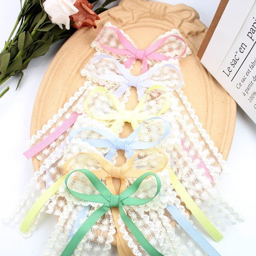 Girls Princess Lace Long Tail Sailor Bows Solid Color Lace Tassel Hair Clips for Girls Party Long Streamer Hair Bow Accessories